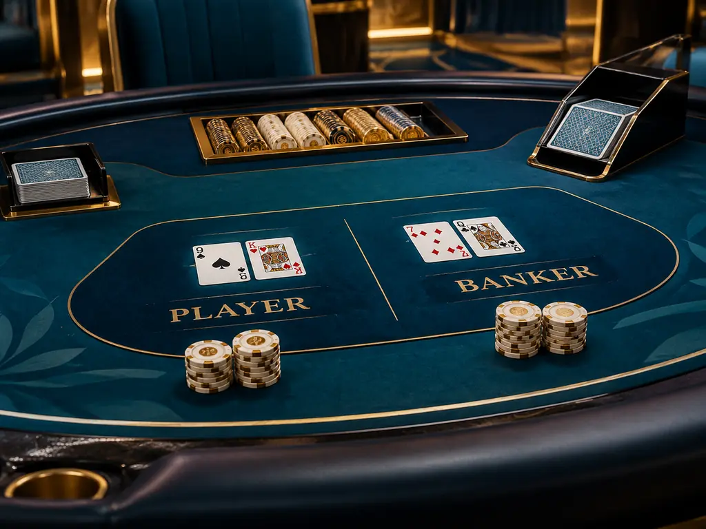 Ilustrasi meja baccarat dengan dua tangan kartu dan chip