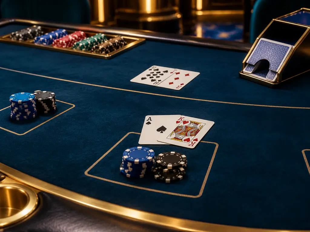 Ilustrasi kartu dan chip pada meja blackjack
