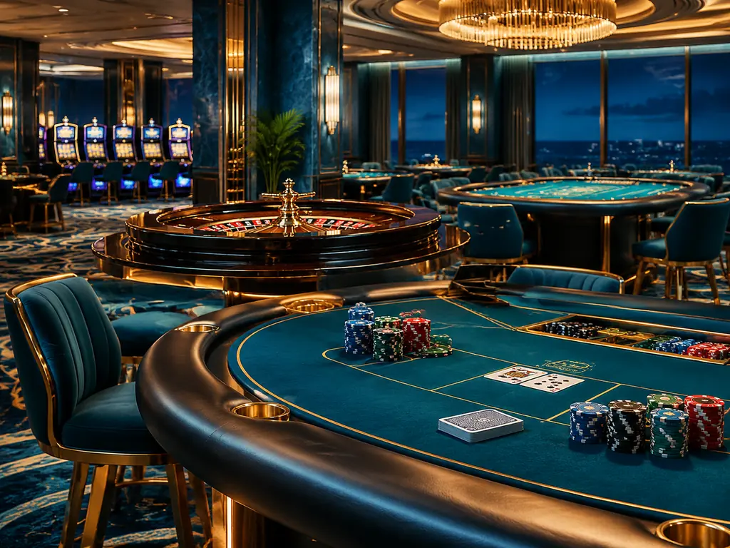 Ilustrasi ruang kasino dengan meja kartu dan roda roulette