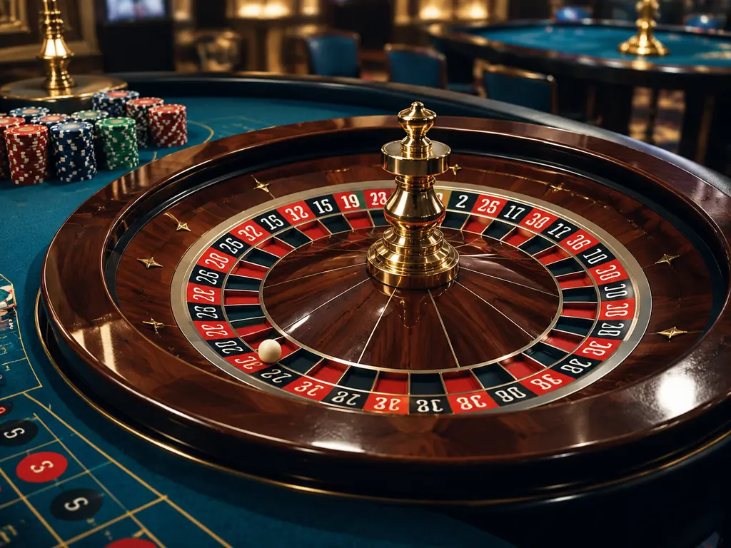 Ilustrasi roda roulette dan bola di atas meja kasino